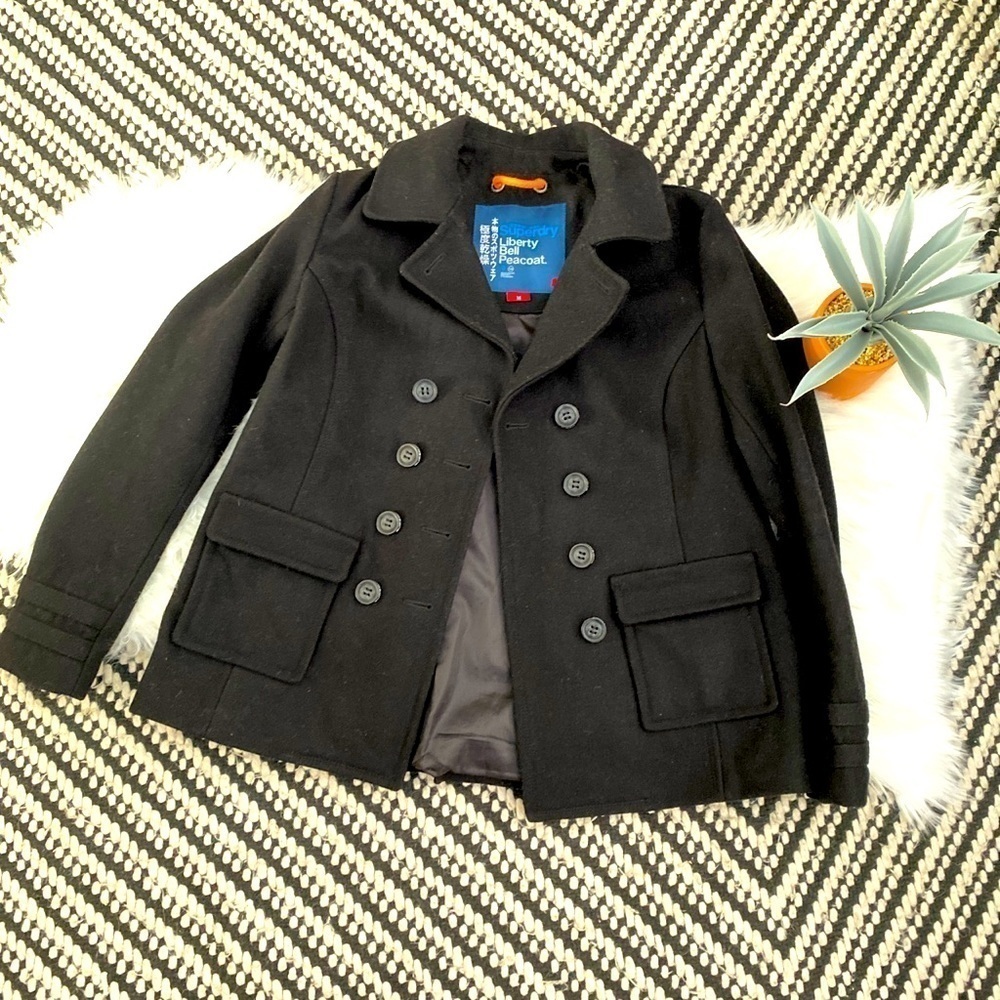 Superdry black wool waist length black pea coat